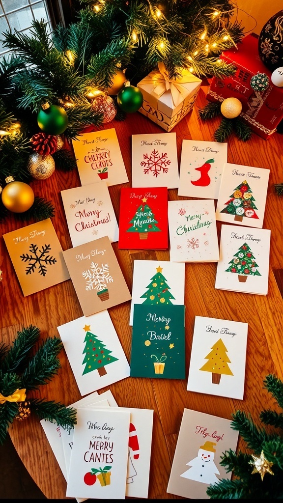 A collection of colorful Christmas cards on a table with festive decorations.